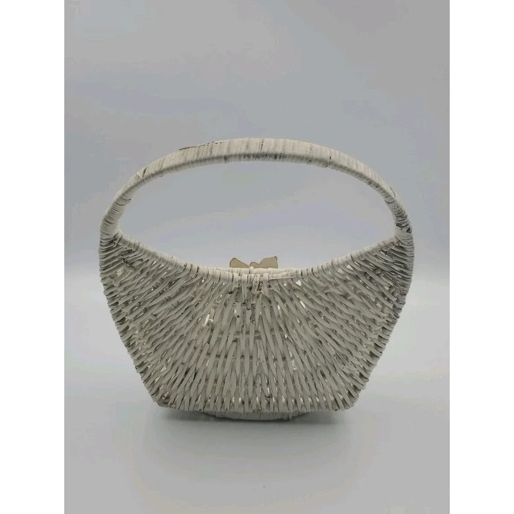 Vintage White Wicker Wall Or Standing Basket Organizer Fruit Mail Holder Rustic